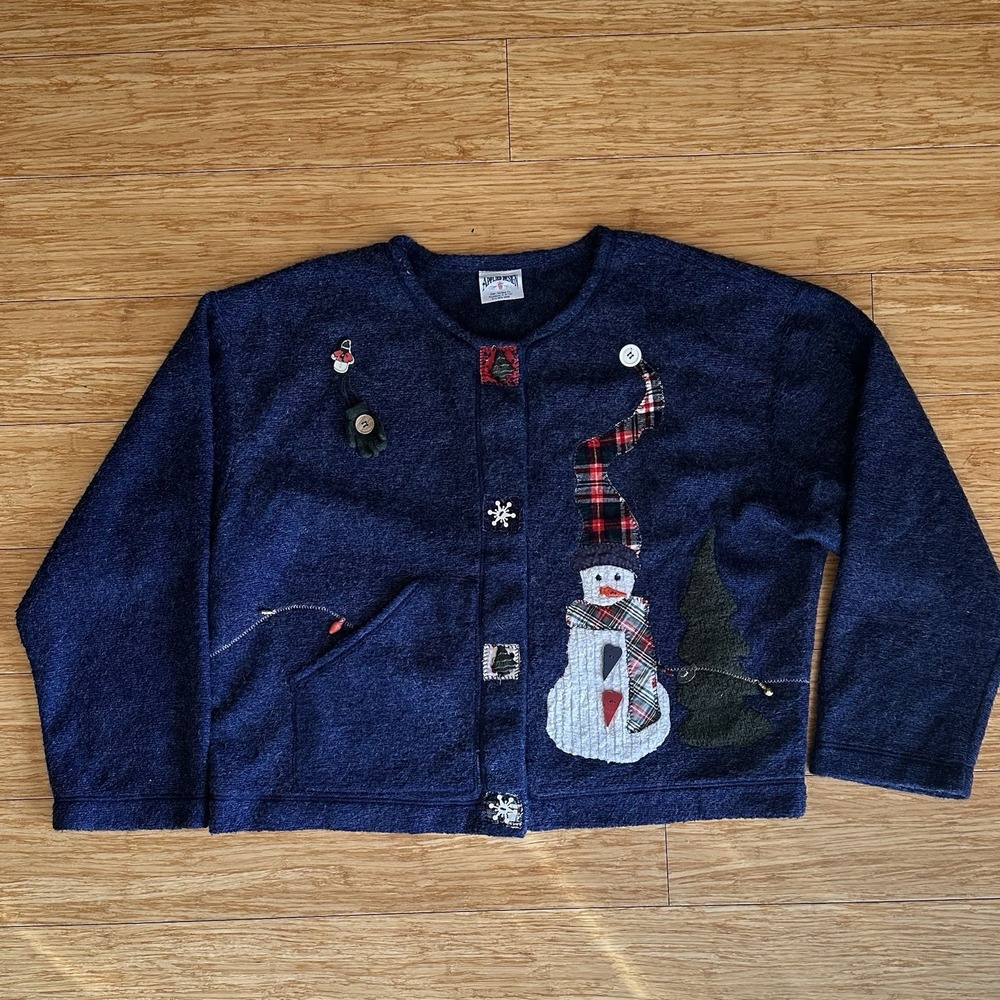 Custom Made Applied Design Women's Blue Embroidrred SnowmanCardigan Sweater XL